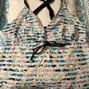 Striped Floral Swim Top in Black, White, Blue & Pink